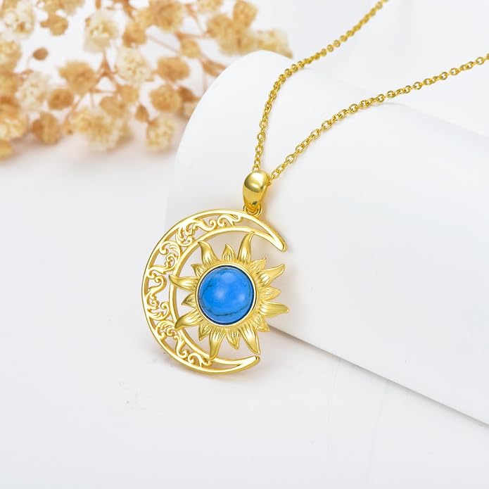 Crescent Moon Necklace for Women 18K Gold Plated Silver Moon and Sun Pendant with Gemstone Dainty Birthstone Jewelry Pendant Necklace for her