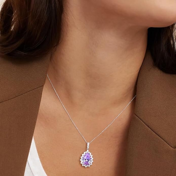 925 Sterling Silver Teardrop Necklace for Women Huge Created Gemstone Solitaire Halo Pendant Pear Cut Birthstone Necklace