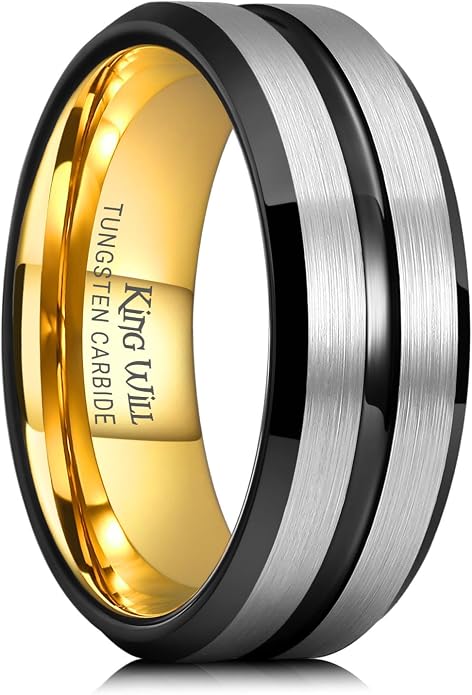 King Will Mens 8mm Rose Gold Groove/Gold Loop/Black Cross Groove Tungsten Carbide Wedding Ring Line Flat Pipe Cut Brushed Polished Comfort Fit 7-14