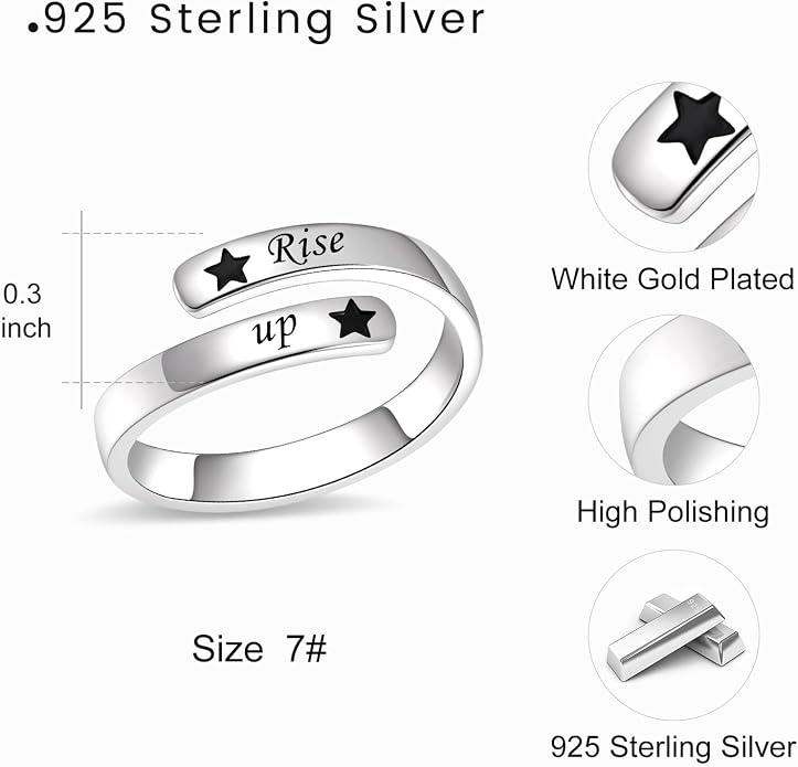 BEILIN 925 Sterling Silver Inspirational Jewelry Rings Adjustable Ring Personality Encouragement Gift for Teens Women