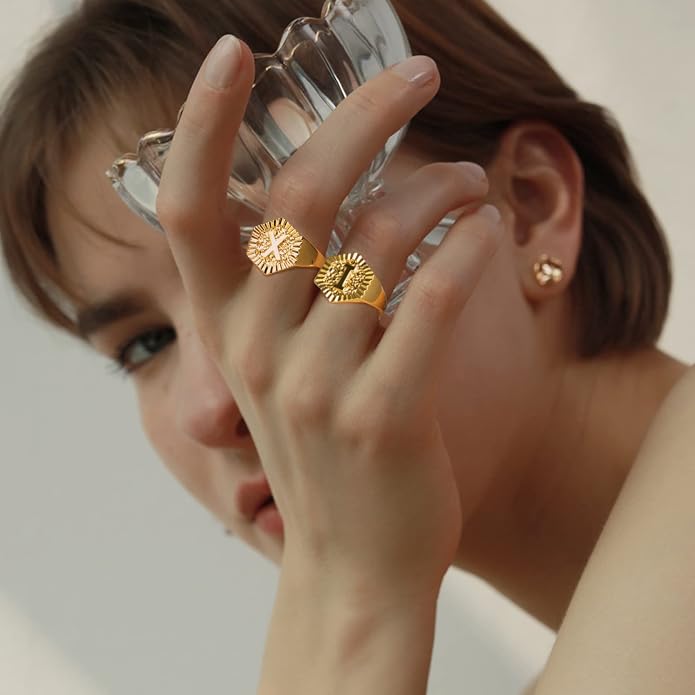 KeyStyle Bold Initial Letter Rings Adjustable, GoldChic Jewelry Women Gold Statement Ring Personalized Engraved Women’s Open Signet Ring for Party (Gold, White Gold, Black)