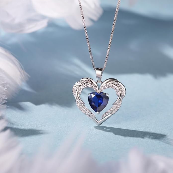 Heart Necklaces for Women Mother's day Gifts, Birthstone 925 Sterling Silver Angel Wings Love Pendant Necklaces for Women, Jewelry Gifts for Wife, Anniversary, Birthday