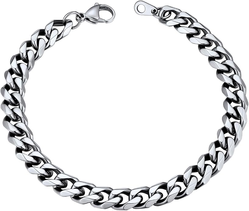 U7 Link Bracelets for Men, Cuban Link/Rope/Watch Band Solid Bracelet, Silver Black Gold Color Wrist Bracelet 3/6/9/12/15mm Width, 6.5/7.5/8.3 Inch Length, Hand Chain Jewelry for Mens Women