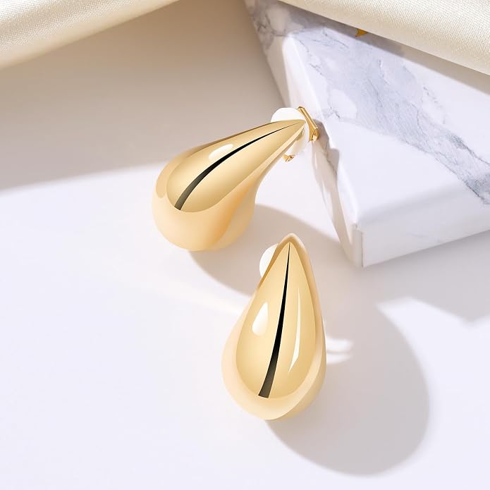 Gold Drop Clip On Earrings Dupes Teardrop Chunky Non Pierced Earring 14K Real Gold Plated Hypoallergenic Lightweight Earrings for Women（Gold and Silver）