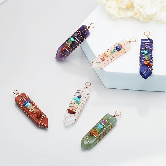 6 Pieces Natural Raw Crystal Point Pendant Reiki 7 Chakra Healing Quartz Gemstone Chips Rose Gold Copper Wires Wrapped Charms for Jewelry Making Necklace