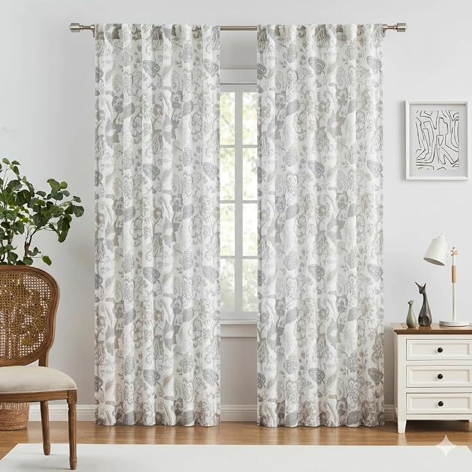 Kayne Studio Backtab Rod Pocket Jacobean Floral Semi Sheer Curtains Botanical Leaf Printed Vintage Farmhouse Curtains for Living Room Linen Grey Light Filtering Window Treatment Sets,52"x84",2 Panels