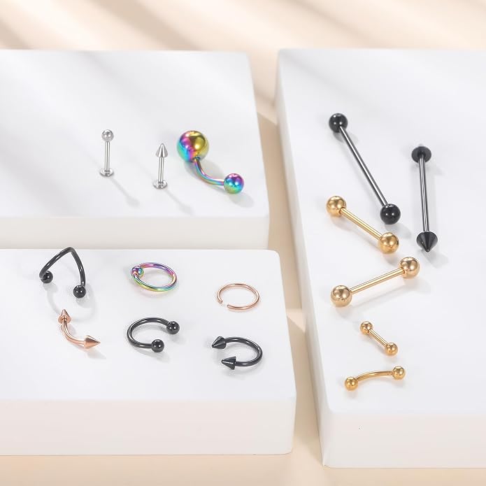 Xpircn 150PCS Piercing Kit Jewelry Stainless Steel Lip Nose Tongue Tragus Cartilage Daith Eeybrow Belly Button Rings Body Piercing Tools 14G 16G 20G
