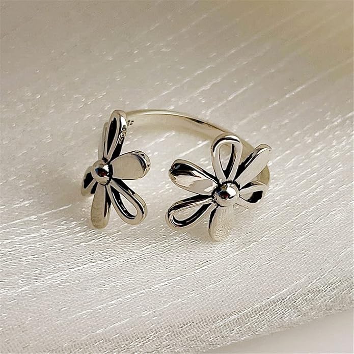 Dtja Daisy Flower 925 Sterling Silver Adjustable Open Ring for Women Girls Hypoallergenic Expandable Wedding Statement Finger Rings Comfort Fit Dainty Engagement Birthday Mother's Jewelry Gift
