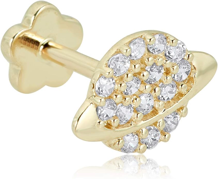 AVORA 14K Gold Simulated Diamond CZ Galaxy Saturn Cartilage Piercing Flat Back Earring Body Jewelry (18 Gauge)