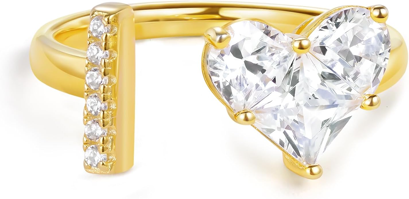 KissYan Sterling Silver Initial Heart Ring for Women, S925 Letter Rings 14K Gold Plated Open Adjustable Dainty Pave CZ Personalized Fashion Trendy Gifts for Mother's Day