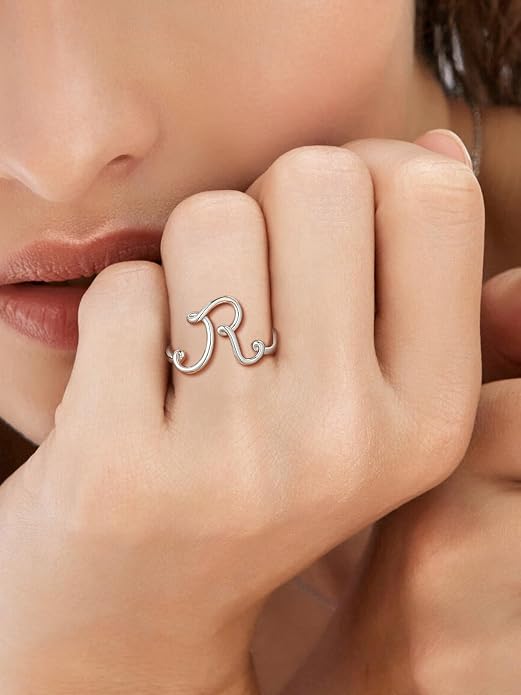 SILVERCUTE S925 Initial Rings, Adjustable Size 6-12 Statement Alphabet Letter A-Z Jewelry Personalized Twisted Initials Rings Sterling Silver Stacking Ring for Women