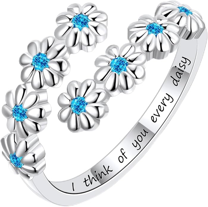 Dainty Daisy Ring for Women, S925 Sterling Silver Cubic Zirconia Sunflower Flower Ring For Daughter, I Think Of You Every Daisy Ring, Birthstone Flower Ring