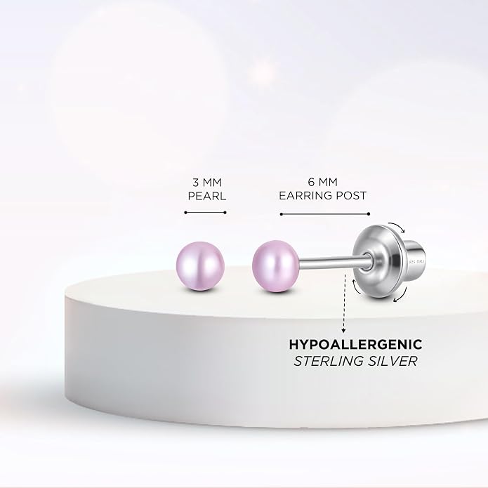 Pearl Screw Back Stud Earrings for Baby, Toddler, Girls | Hypoallergenic 925 Sterling Silver Screwback Safety Earrings | Simulated Pearl Studs for Sensitive Ears | Keepsake Gift for Birthdays Holidays Special Occasions