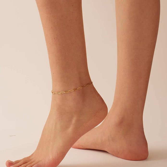 Dainty Ankle Bracelets for Women 18K Gold Plated Satellite Beaded Herringbone Lip Chain Anklets Simple Minimalist Summer Beach Foot Jewelry Christmas Gifts