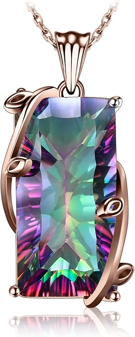 JewelryPalace Multicolor Luxurious 15.2ct Rectangle Genuine Mystic Quartz Pendant Necklaces for Women, 14K White Yellow Rose Plated Gold 925 Sterling Silver Natural Gemstones, 18 Inches Chain
