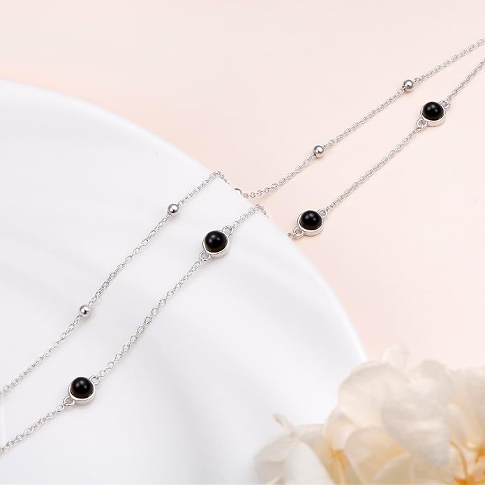 Flyow Anklet for Women S925 Sterling Silver Adjustable Foot Beaded Heart Charm Ankle Bracelet Anklets Jewelry