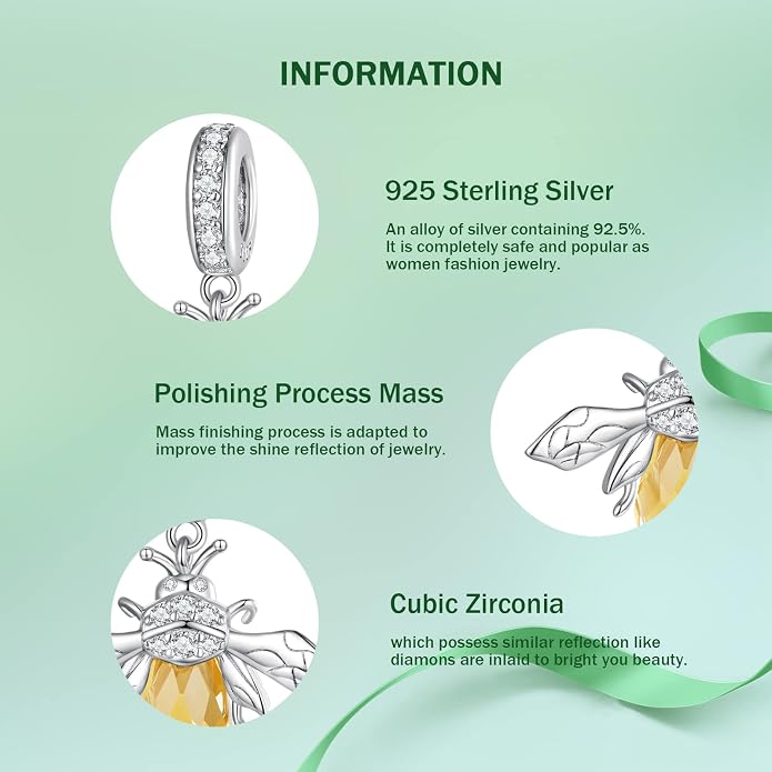 NINGAN 925 Sterling Silver Charm Golden Love Charm Buckle Safety Chain Travel Bead Firefly Dragonfly Pendant, Suitable for Women Bracelet and Necklace as Gift from Mom and Friends
