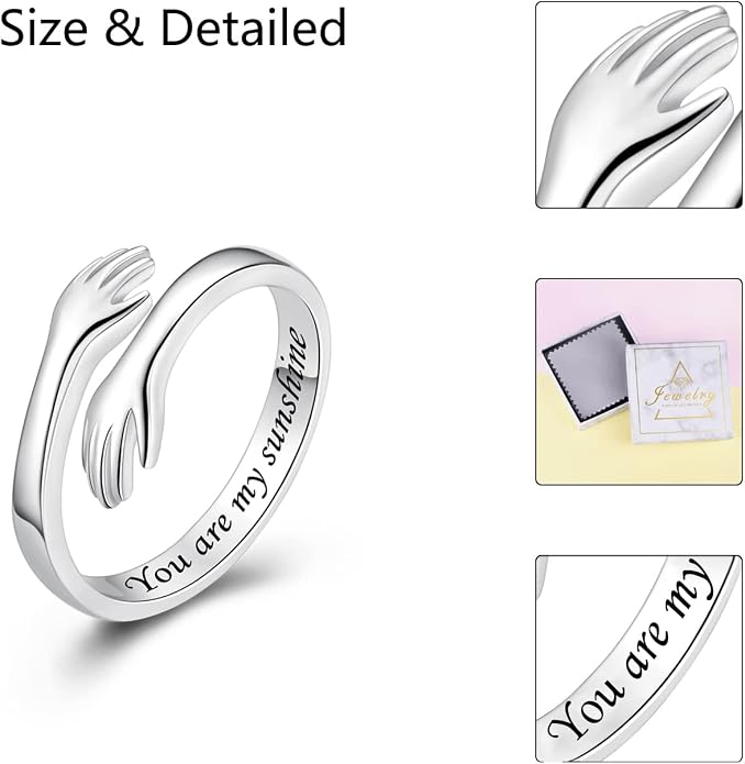 S925 Sterling Silver Hug Rings for Women Teen Girls Adjustable Ring for Granddaughter Daughter Hope Promise Friendship Hand Ring Jewelry for Birthday Graduation Christmas Mothers Day Valentines Gifts