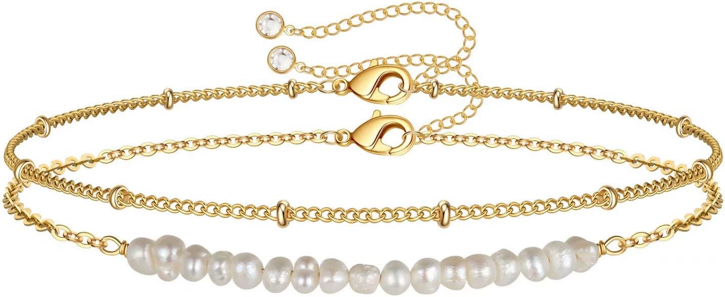 Dainty Gold Bracelets for Women, 14K Gold Plated Adjustable Layered Beads Bracelet Cute Evil Eye Oval Chain Pearl Bar Turtle Gold Bracelets for Women Jewelry