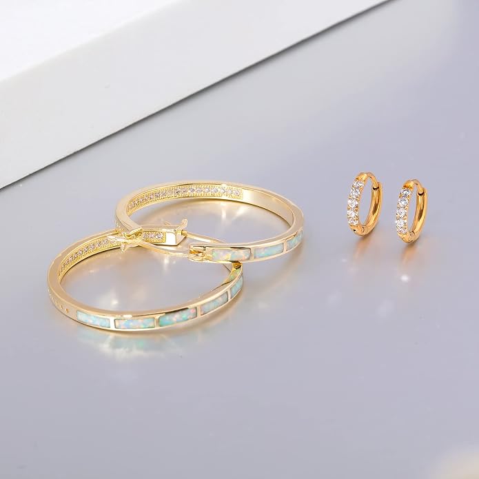 CiNily Opal Hoop Earrings,Women Jewelry Rhodium Plated/Rose Gold or Yellow Gold Plated Gemstone Big Hoop Earrings 32mm
