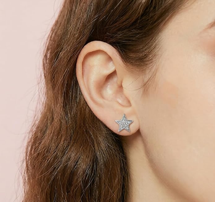 Asymmetrical Moissanite Stud Earrings for Women, Star and Moon Design, D Color VVS1 Clarity Moissanite, 925 Sterling Silver with 18K White Gold Plated, Fire Brilliance Hypoallergenic Jewelry Gift for Her