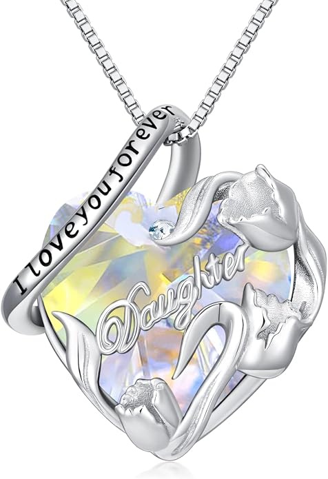 PROESS S925 Sterling Silver Daughter Heart Pendant Necklace from Dad Mom I Love You Forever Jewelry