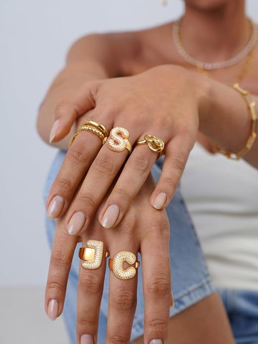 FindChic Initial Ring for Women, Gold Plated Chunky Letter Rings Open Adjustable Trendy Sparkling Cubic Zirconia Personalized Statement Rings Jewelry Gift