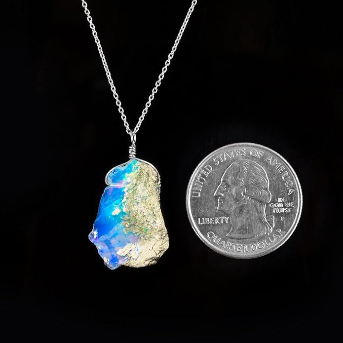 Raw Ethiopian Fir Opal Pendant Necklace for Women, Dainty Pendant, Handmade October Birthstone, Hypoallergenic Spiritual Healing Stone 925 Sterling Silver Chain 20" Birthday Gifts