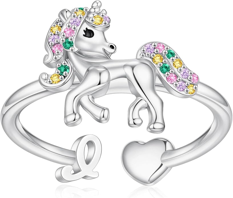 Unicorn Initial Rings for Teen Girls, Rose Gold/White Gold Plated Heart Initial Rings for Girls Adjustable Stackable Rings for Women Diny Heart Ring for Teen Girls Gifts Unicorns Gifts for Girls