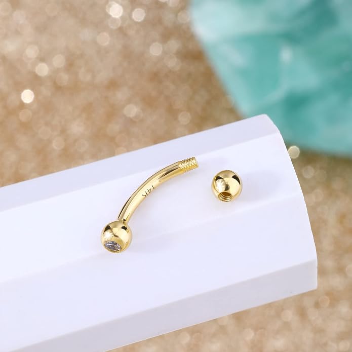 COCHARM 14K Gold Belly Button Rings Real Gold Cute Short/Long Upper 16g/14g Belly Piercing Rings Rook Barbell