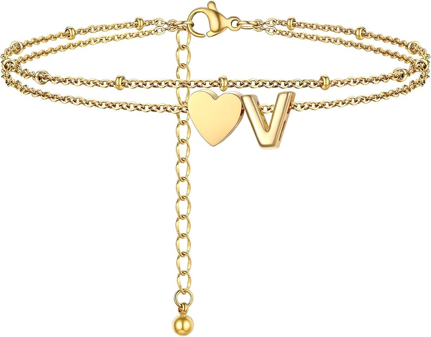 Initial Ankle Bracelets for Women, Dainty Stainless Steel Letter A-Z Layered Anklets, Heart Ankle Bracelet 8.5"-10.5" Adjustable, Summer Beach Jewelry, Come with Box