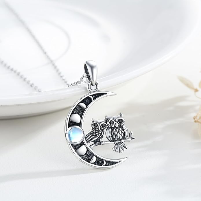 TRISHULA Crescent Moon Necklace 925 Sterling Silver Eye of Horus Animal Moon Pendant with Heart Crystal Birthday Jewelry Gift for Women Christmas Gifts for Her