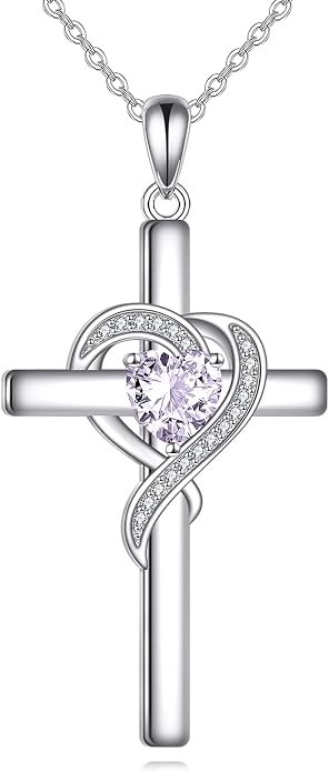 Cross Necklace for Women 925 Sterling Silver Infinity Love Heart Birthstone Pendant Necklace Cross Birthday Jewelry Gifts for Her