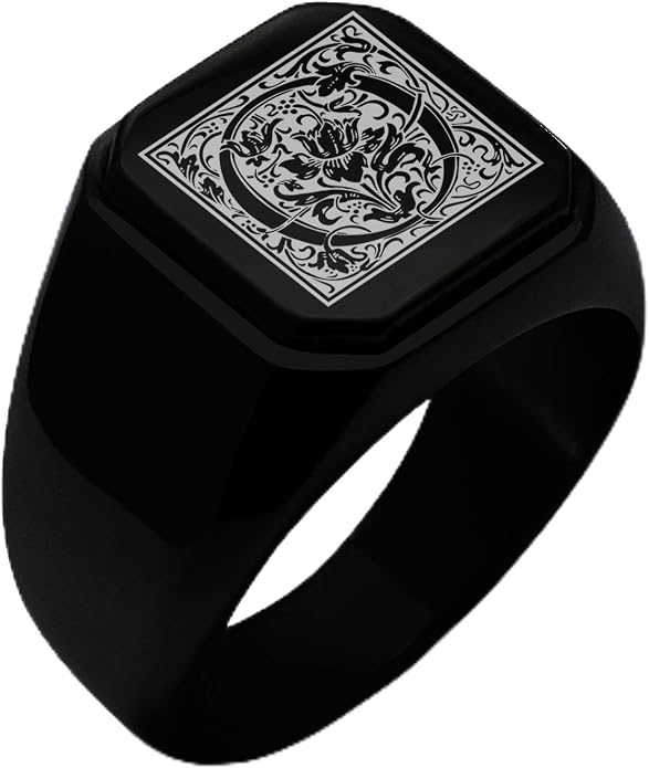 Jewelry | Stainless Steel Letter Alphabet Initial Ring | Square Flat Top Ring for Men & Women | Stainless Steel Jewelry, (Black, Gold, Silver), Size 7-16