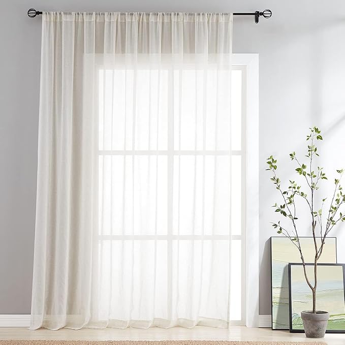 FMFUNCTEX Beige Flax Linen Sheer Curtains 96 Inch Long Extra Wide 1 Panel | Extra 100 Wide Sliding Glass Door Window Curtain, Semi Sheer Drapes for Patio, Bedroom and Living Room Privacy Rod Pocket