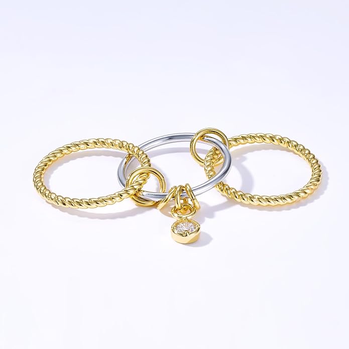 KissYan Stackable Rings for Women, 14k Gold Plate Interlocked Multi Ring Set Dainty Pave CZ Personalized Fashion Two-Toned Mixed Metals Stacking Jewelry Trendy Statement Gift