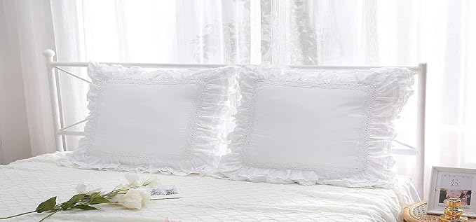 12x20 Throw Pillow Covers, White Lace Accent Pillow Cover with Ruffles 100% Cotton Decorative Pillow Shams Set of 2,for Bed Sofa Chair