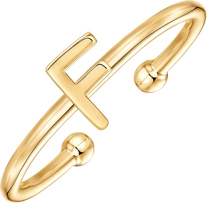 PAVOI 14K Gold Plated Initial Letter Adjustable Ring for Women - Thin Initial Band - Dainty Fashion Jewelry Gifts