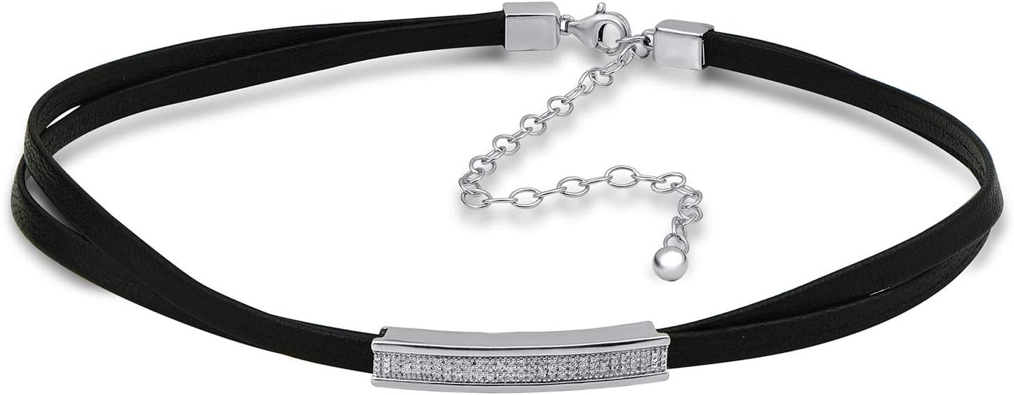 Jewelili Sterling Silver 1/7 Cttw Natural White Round Diamond Black Cord Necklace,23" Leather Cord