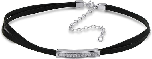 Jewelili Sterling Silver 1/7 Cttw Natural White Round Diamond Black Cord Necklace,23" Leather Cord