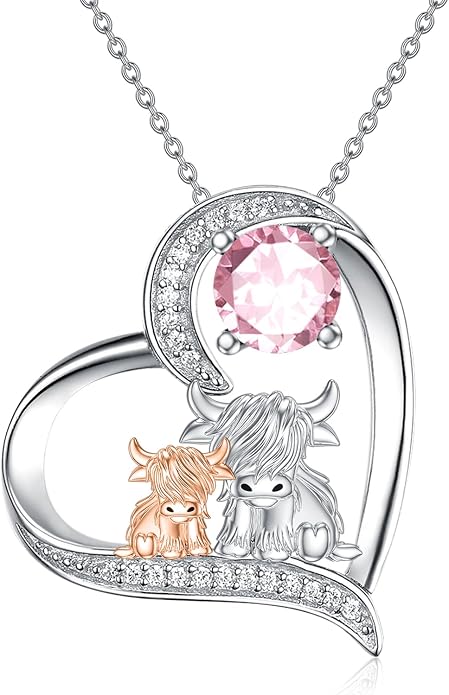 Highland Cow Gifts for Women 925 Sterling Silver Highland Cow Birthstone Necklace Fluffy Cow Jewelry Gifts Birthday Christmas