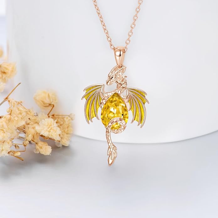 Dragon Necklace for Men Sterling Silver Birthstone Wyvern Necklace Embllished with Teardrop Shaped Crystal Jewelry for Women