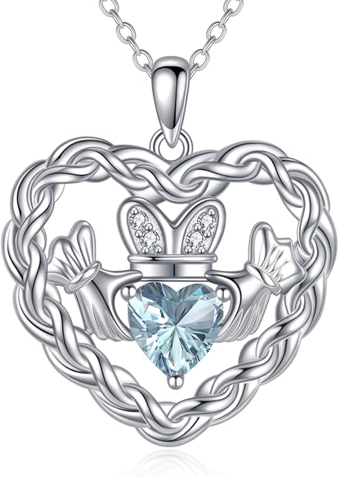 Birthstone Claddagh Heart Necklace 925 Sterling Silver Heart Celtic Knot Claddagh Necklace Pendant Irish Jewelry Gifts for Women Mom Wife Sister Christmas Birthday,18+2 inch