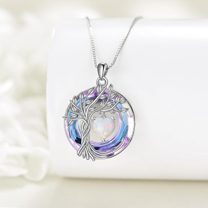 POPLYKE Mothers Day Gifts for Mom Her Wife Tree of Life Necklace 925 Sterling Silver Birthstone Pendant with Crystal Anniversary Birthday Wedding Jewelry for Women