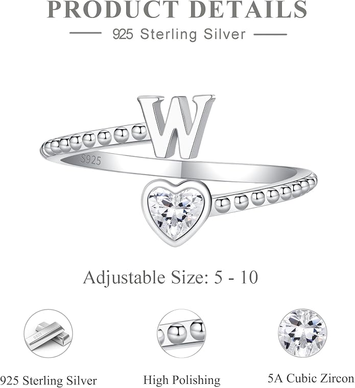 Step Forward 925 Sterling Silver Adjustable Initial Ring for Women | Non Tarnish Letter Rings for Lady | Alphabet Heart Thumb Rings | Capital Letter Jewelry Gifts