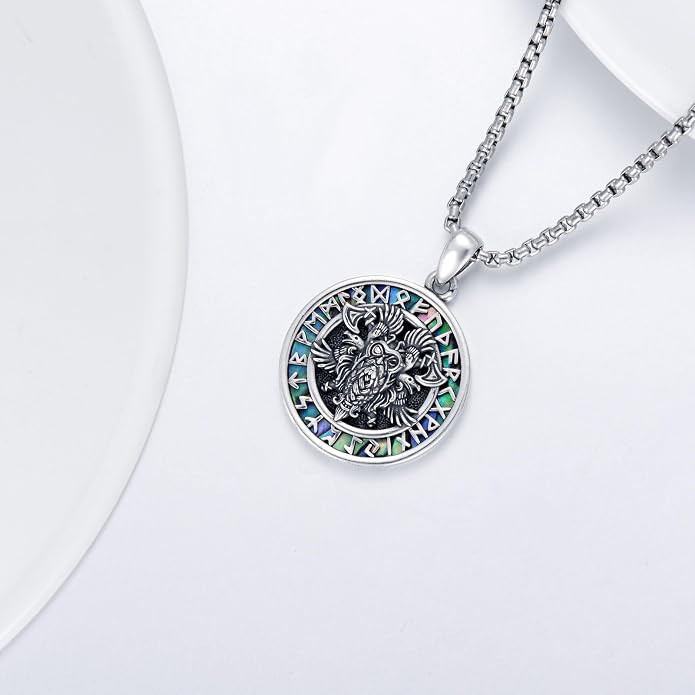 Viking Necklace for Men S925 Sterling Silver Odin/Troll Cross/Compass/Raven/Valknut/Axe Rune Amulet Necklace Norse Jewelry for Christmas Birthday