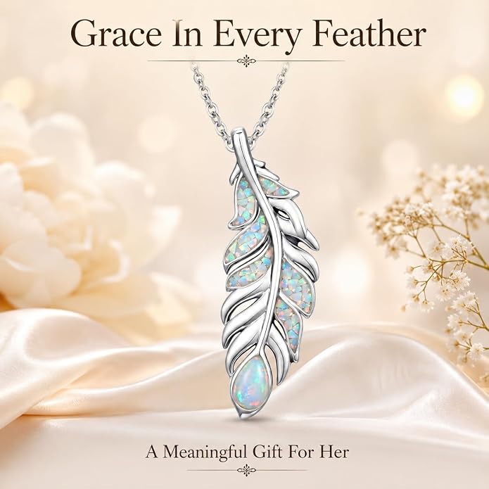 Feather Necklace White Gold Boho Jewelry Nature Inspired Statement Birthstone Pendant Gifts for Women