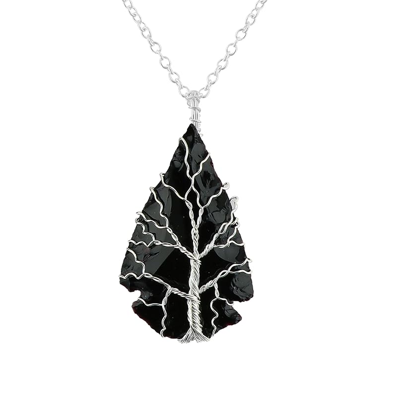 Tree of Life Craft - Raw Black Sea Glass Rough Crystals Pendant Necklace, Wire Wrapping, Gift Giving Women Jewelry with Dainty Silver Plated Chain 18 inch (3pcs)
