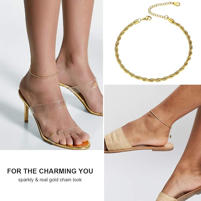 GoldChic Adjustbale Link Chain Anklet for Women Summer Jewelry, 316L Stainless Steel Figaro/Wheat/Twist Rope/Cuban Foot Bracelet-Waterproof, Resizable 9"-12" (Gift Box Included)
