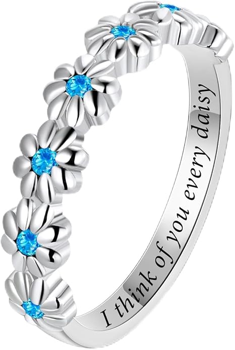 Dainty Daisy Ring for Women, S925 Sterling Silver Cubic Zirconia Sunflower Flower Ring For Daughter, I Think Of You Every Daisy Ring, Birthstone Flower Ring